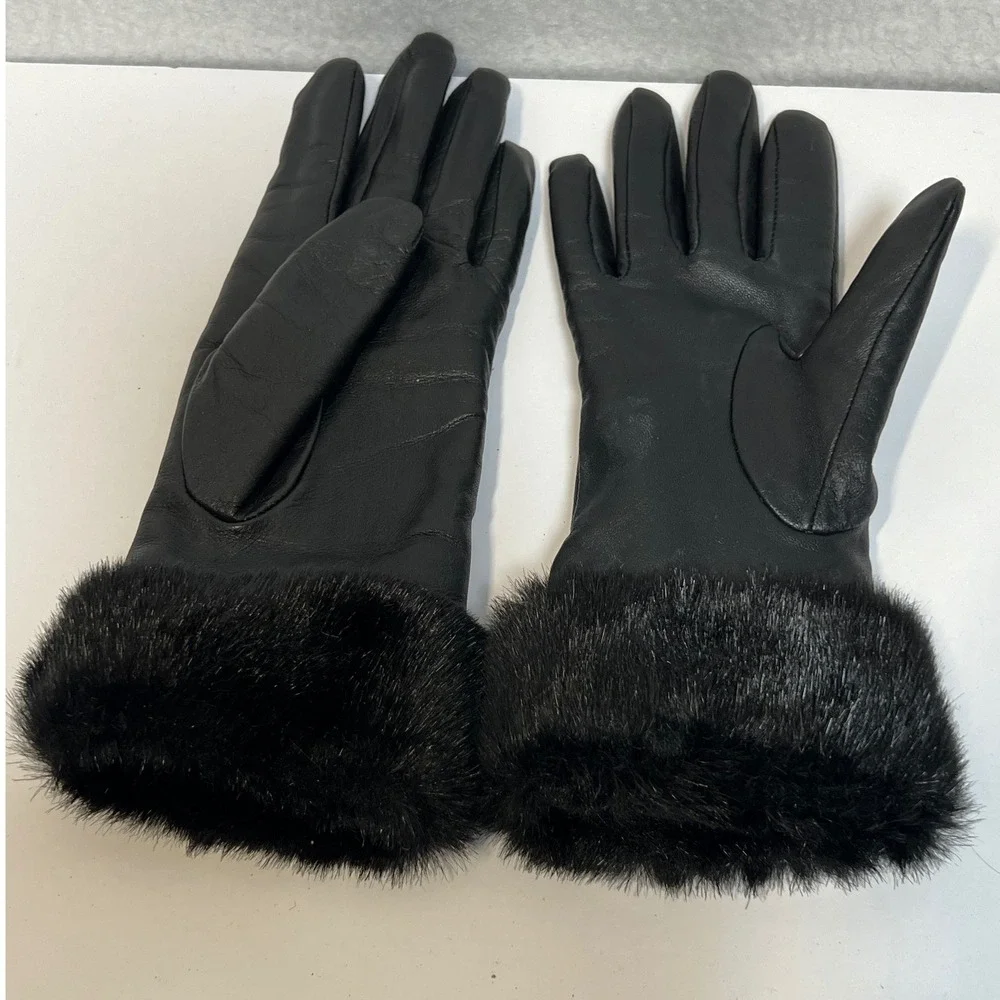 Charter Club Black Genuine Leather Gloves Faux Fur‎ Trim Cuff Size M